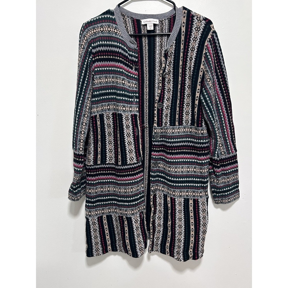Coldwater Creek Cardigan Sweater Duster Gray Stripe Artsy Boho Women's Size PM